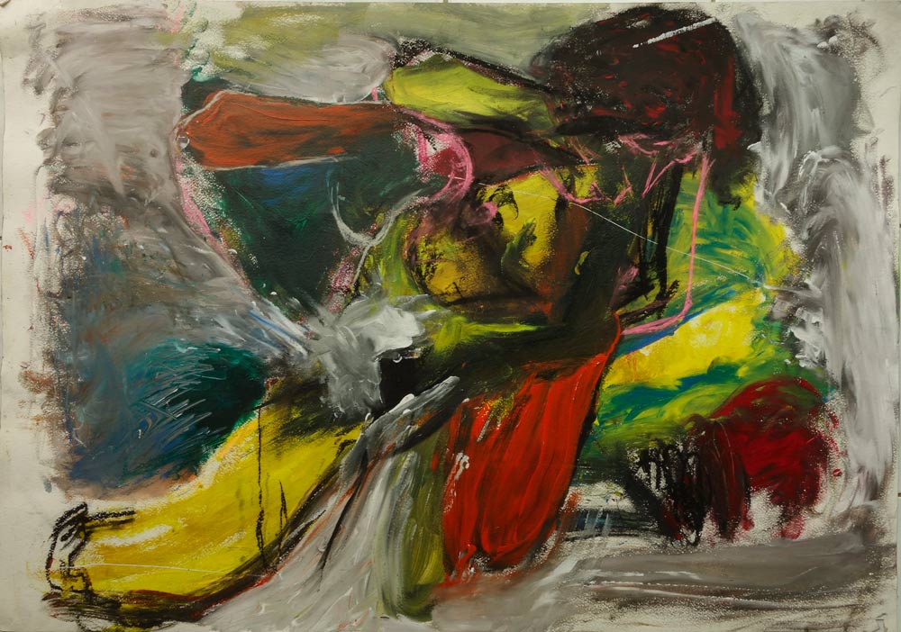 a vivid assortment of colours: yellow, red, brown, green, pink, black and white and shapes surrounded by smudgy grey tones based on a life drawing exercise