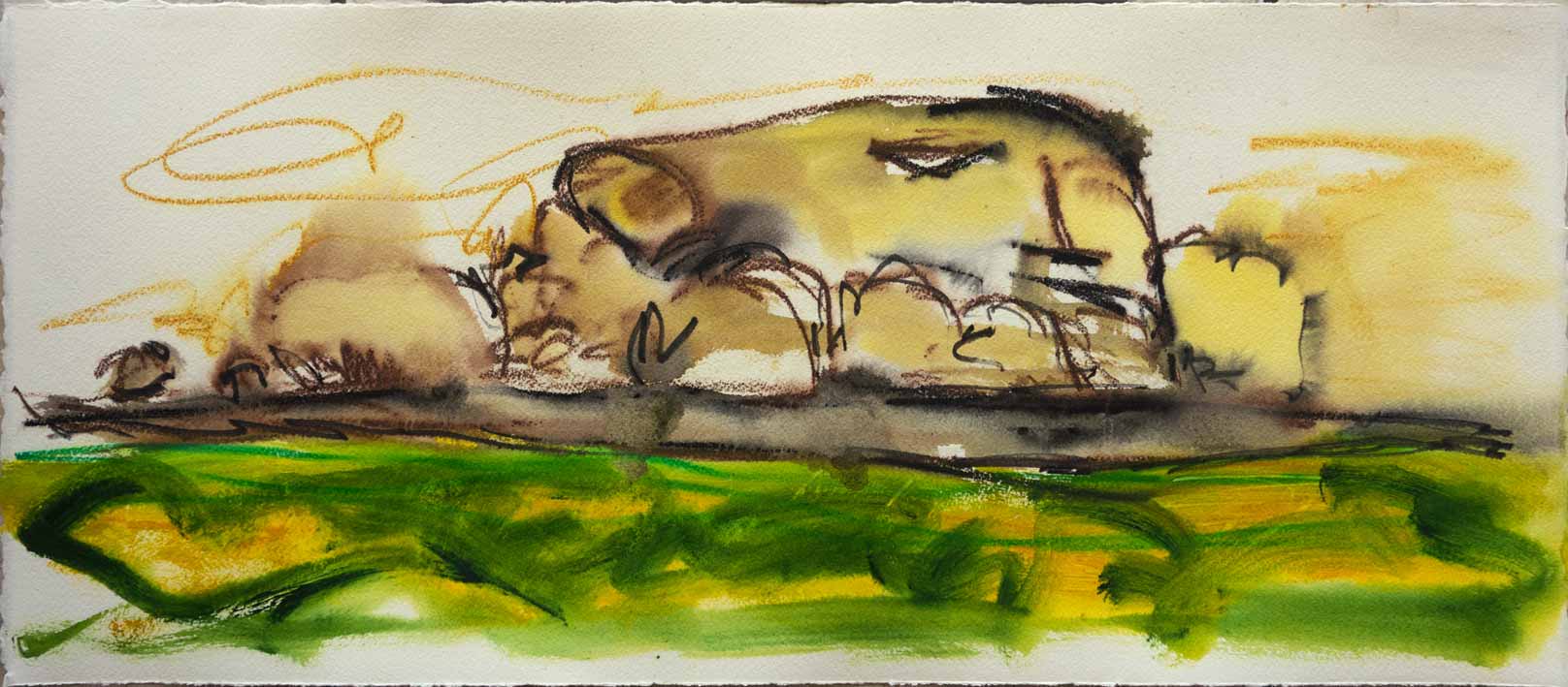 A watercolour painting of an island drawn in brown and black expressive lines. The foreground water is painted in green and yellow with the abstract clouds suggested with loose yellow lines.