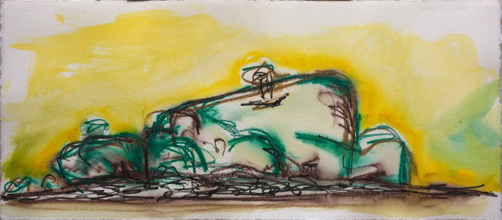 An abstract watercolour painting of an island with a yellow sky, sketched in loose, green and brown expressive lines.