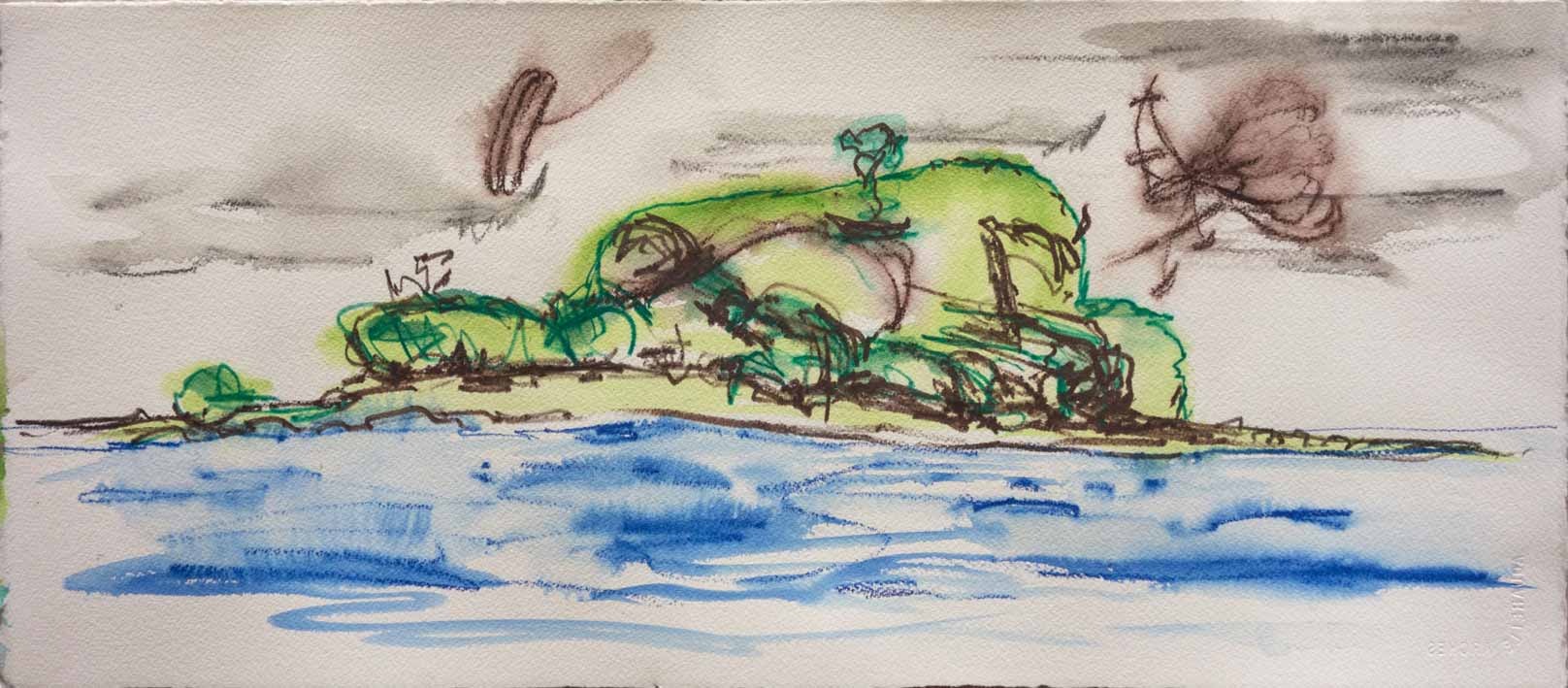 A watercolor painting of a small island surrounded by water, featuring lush greenery under a cloudy sky.