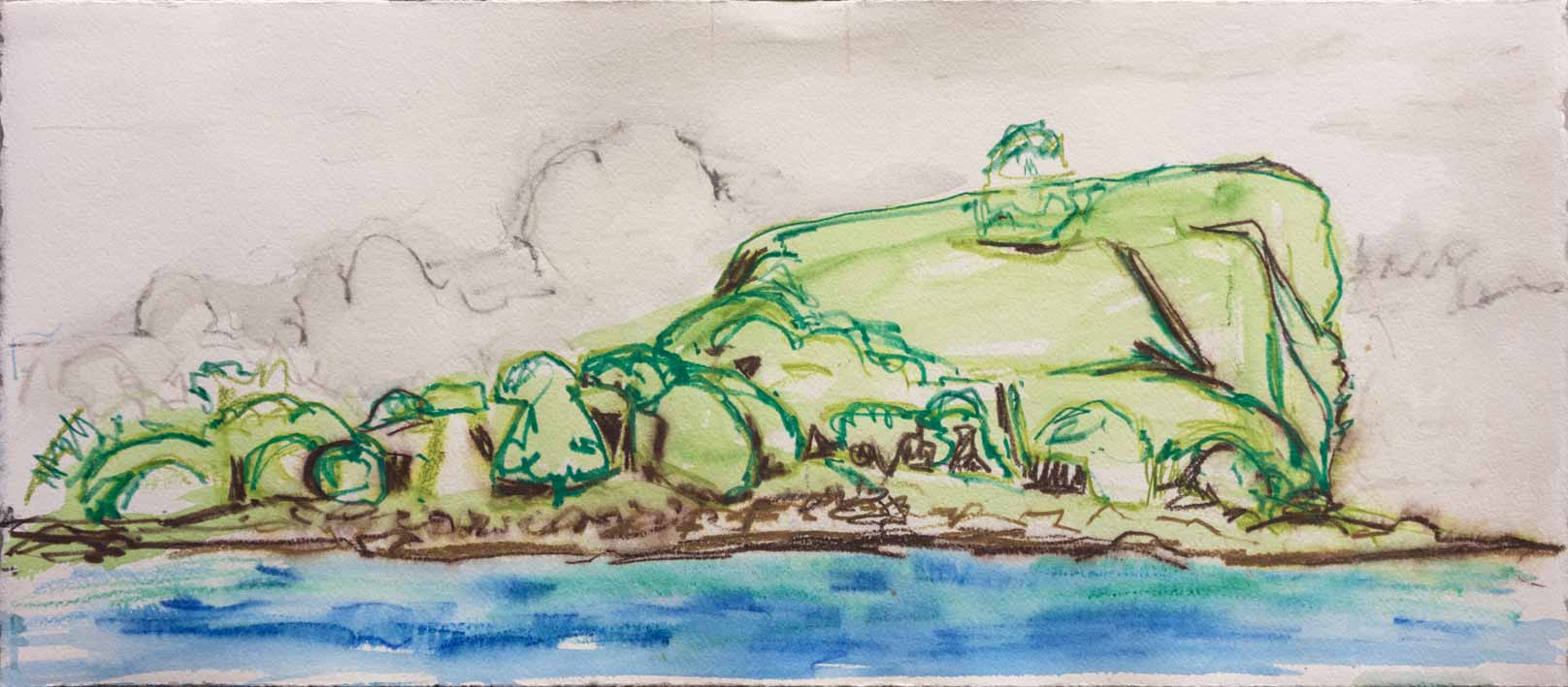 A watercolour painting depicting a green, hilly island with rounded trees with water in the foreground, under a cloudy sky.