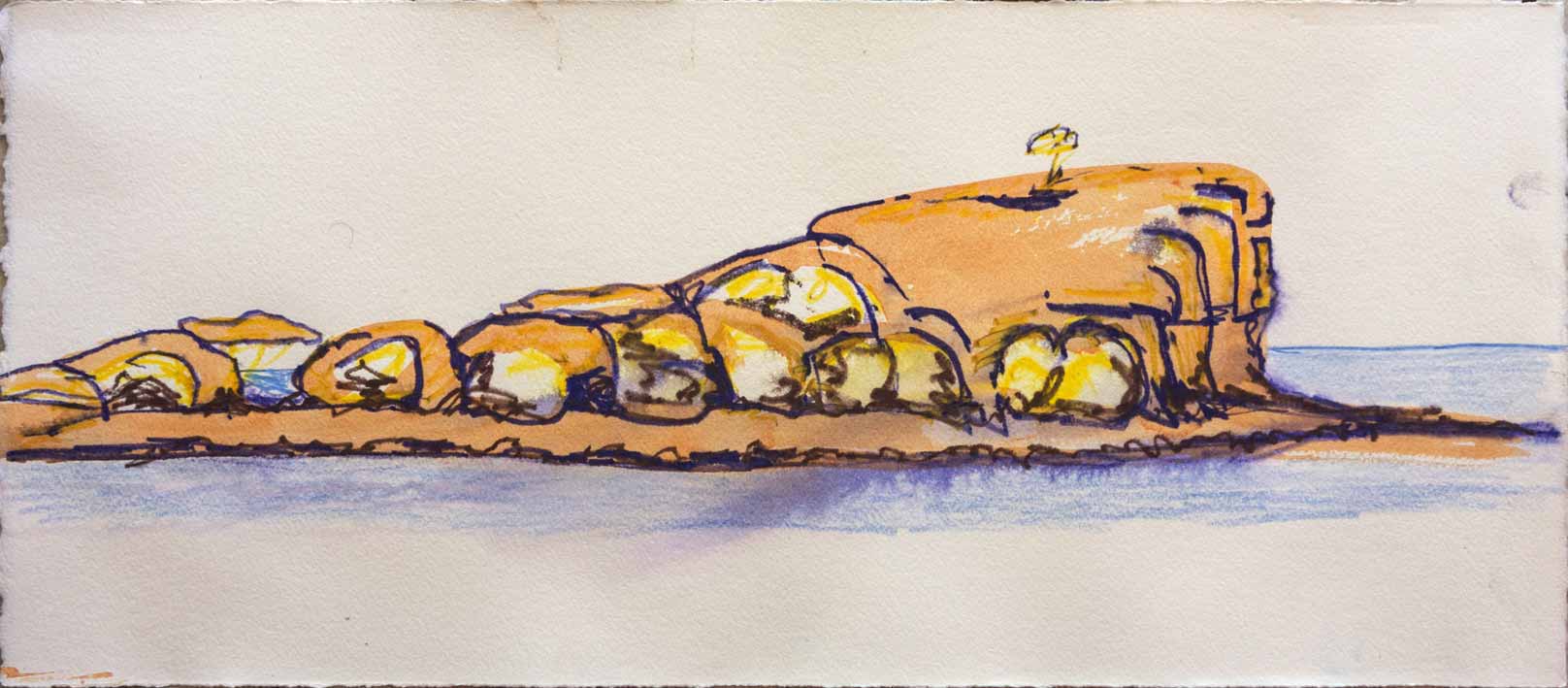 A watercolour painting using mostly orange and yellow with purple lines, of a rocky island with a few large boulders and a small tree on top set on a calm sea.