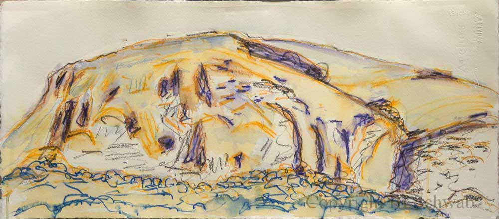 A colourful watercolour sketch depicting a rocky hill or mountain using orange, purple, and blue pencil lines, giving depth and texture to the landscape.
