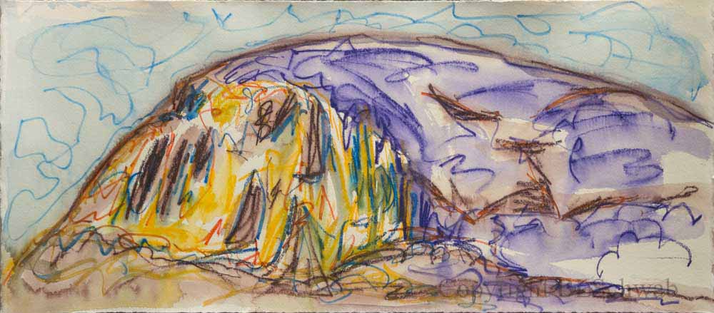 A colorful abstract painting depicting a mountainous landscape with vibrant hues of blue, yellow, and purple.