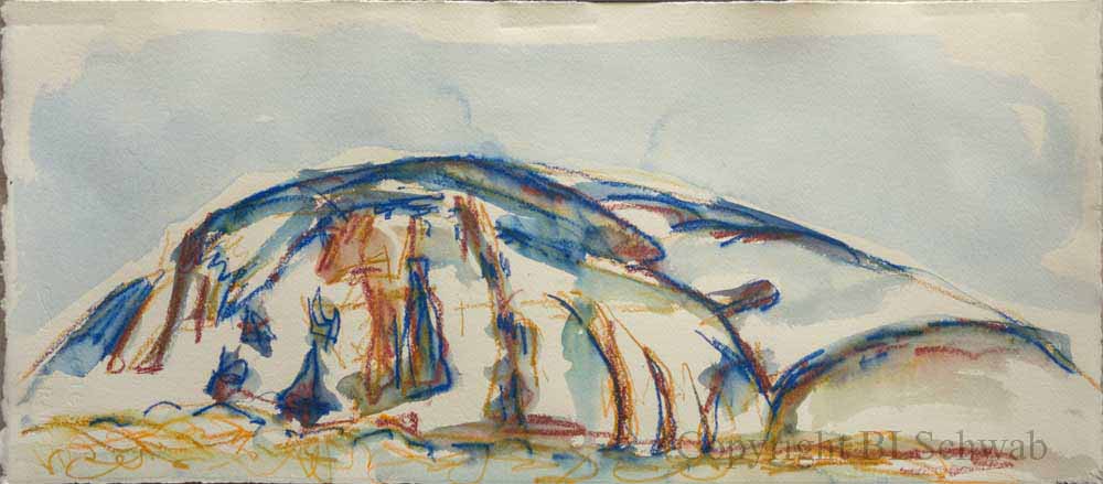 A watercolor painting depicting a stylized landscape of rolling hills with blue and earthy tones, showcasing gentle contours and abstract forms against a light sky.