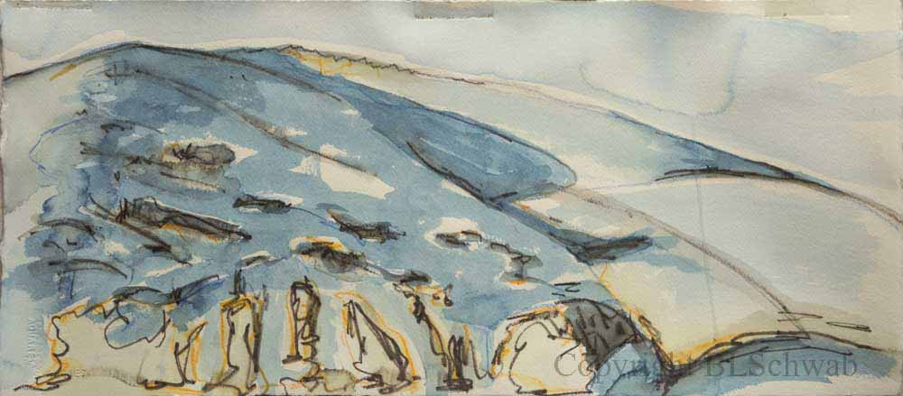 Abstract watercolor painting depicting rolling hills with shades of blue and touches of yellow and orange.