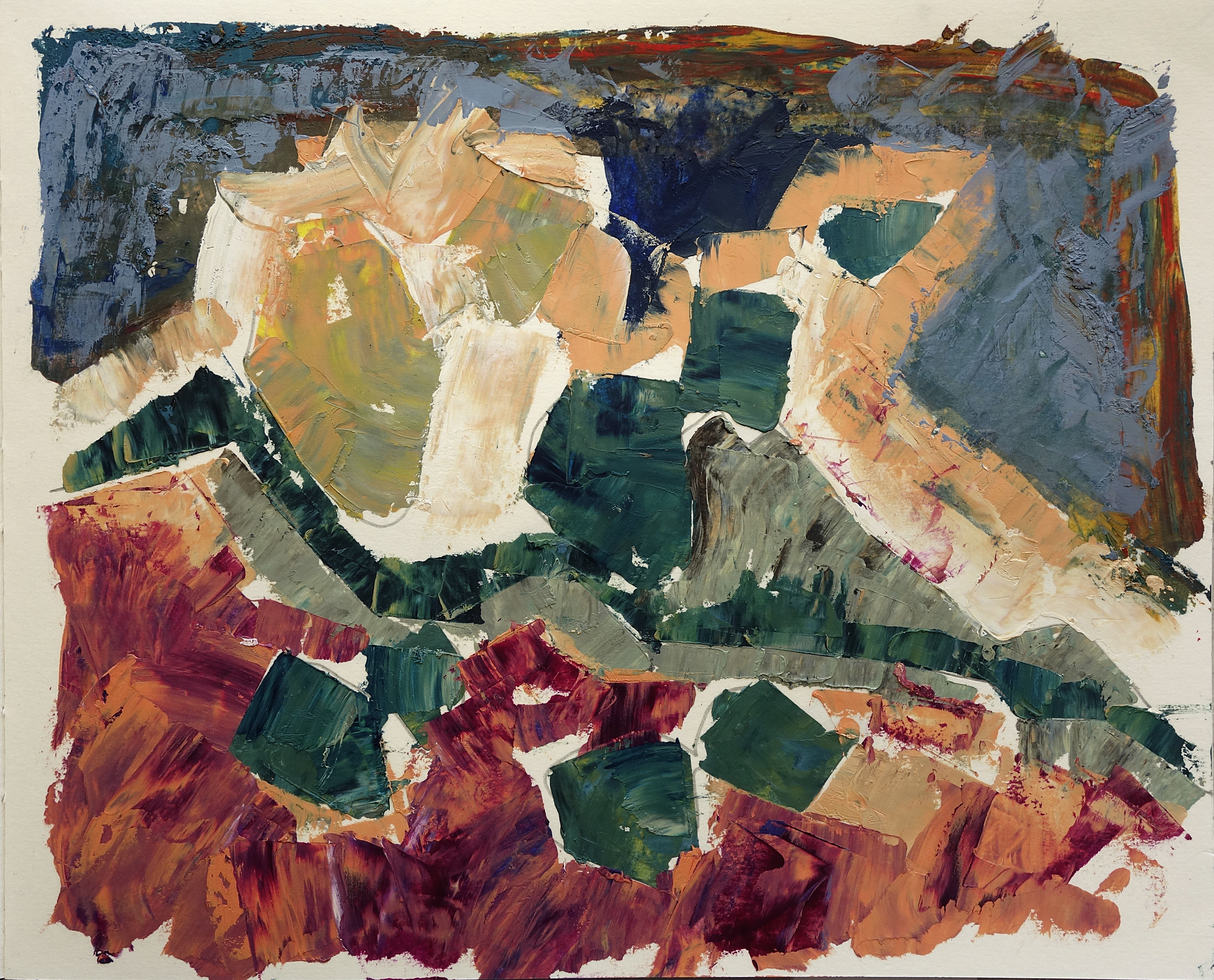 An abstract painting made with my palette knife cleaning away colours I was using for landscape painting colours including greens, reds and browns, greys and creams organic forms against a textured background.