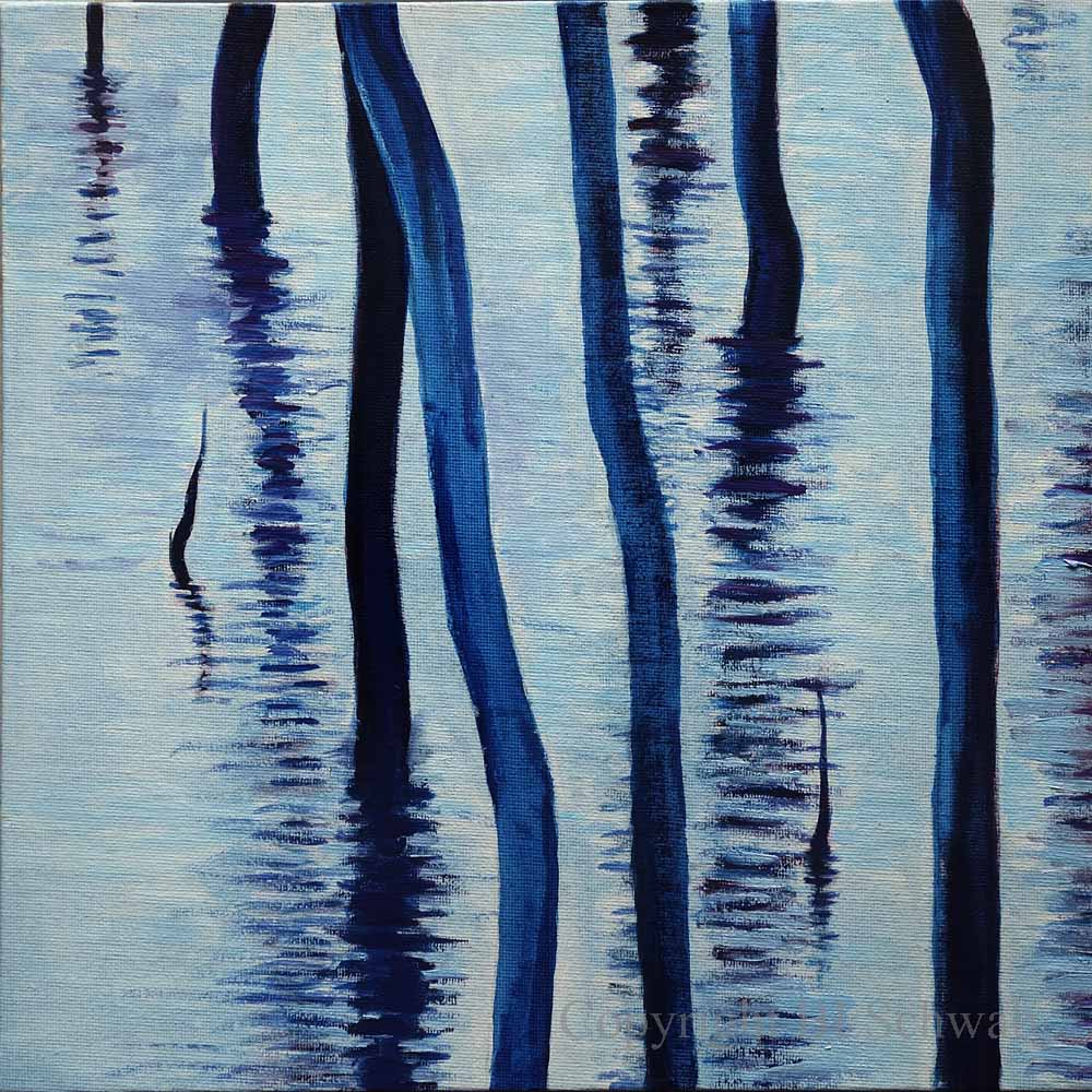 An abstract painting of reflections and ripples on water. featuring tall, dark blue vertical tree shapes against a light blue watery background.