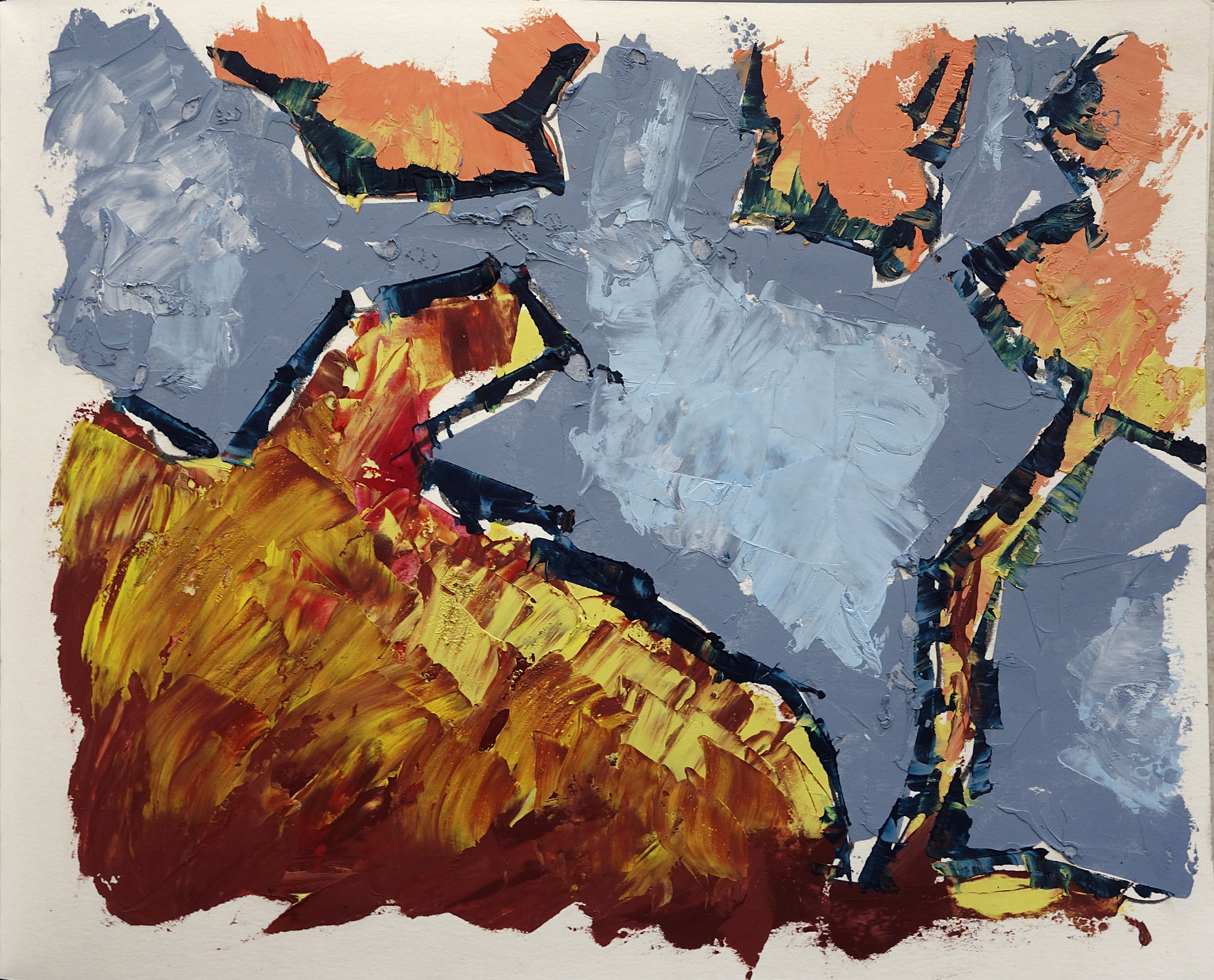 Abstract painting featuring bold shapes in textured bluey grey, surrounded by orange and yellow shapes textured with brush strokes and outlined with broken black.