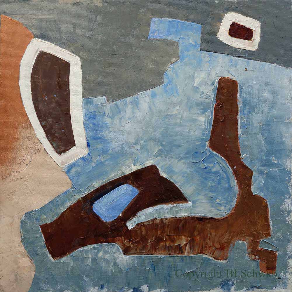 Abstract painting with a blend of earthy tones and brush textured blues, featuring geometric shapes and fluid forms.