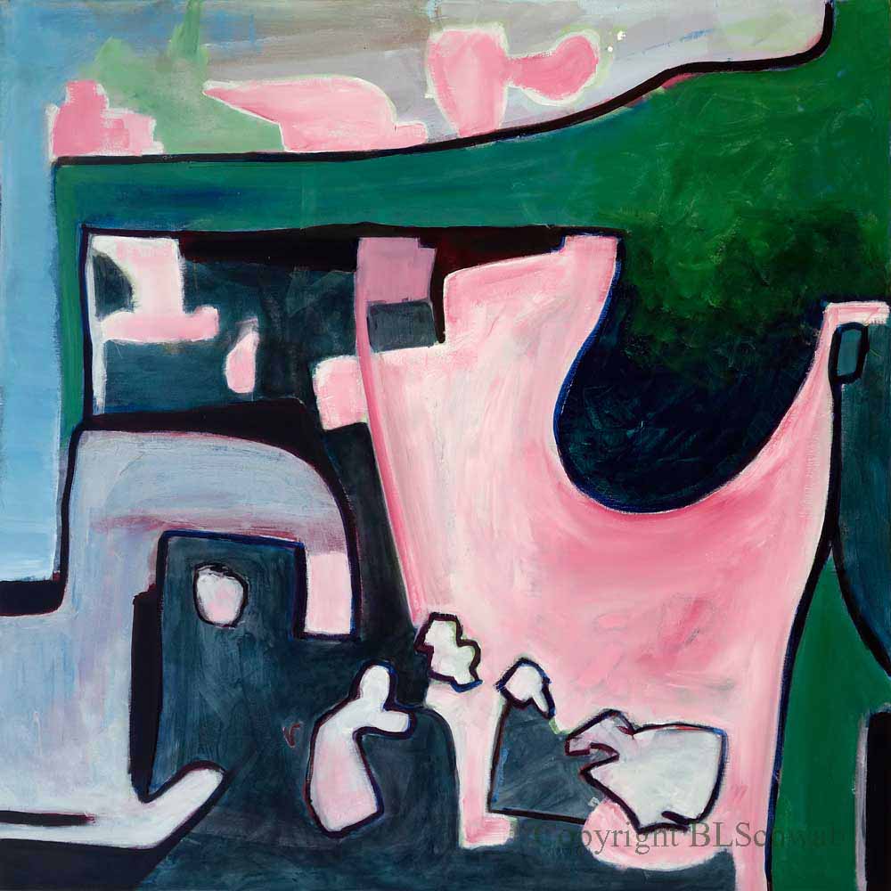 An abstract painting featuring bold shapes and vibrant colours, including dark greens, pinks, and blues, using fluid lines to create a dynamic composition.