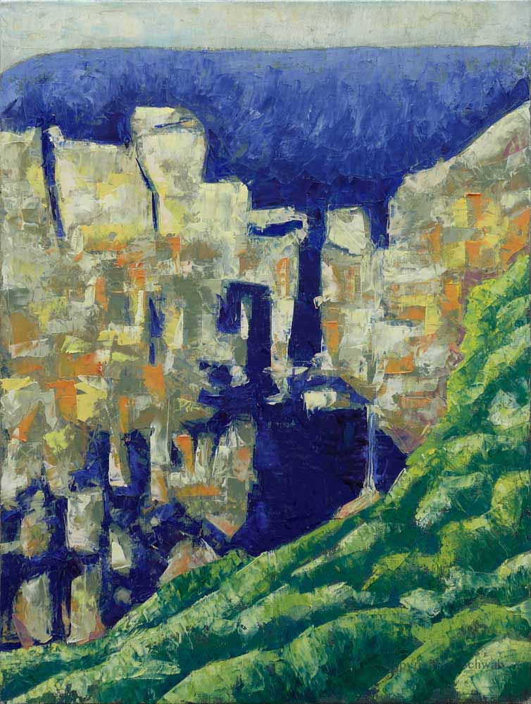 An abstract landscape painting featuring bold blue for sky and shadow, with textured earthy tones shapes representing cliffs and softer greenery shapes for the foreground