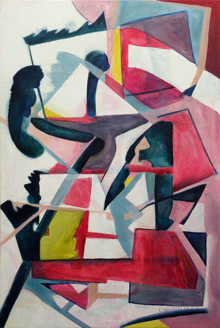 A more complex abstract painting using geometric and organic shapes made with pinks, reds, grey-blue, yellow, purple and black tied together with restful white areas