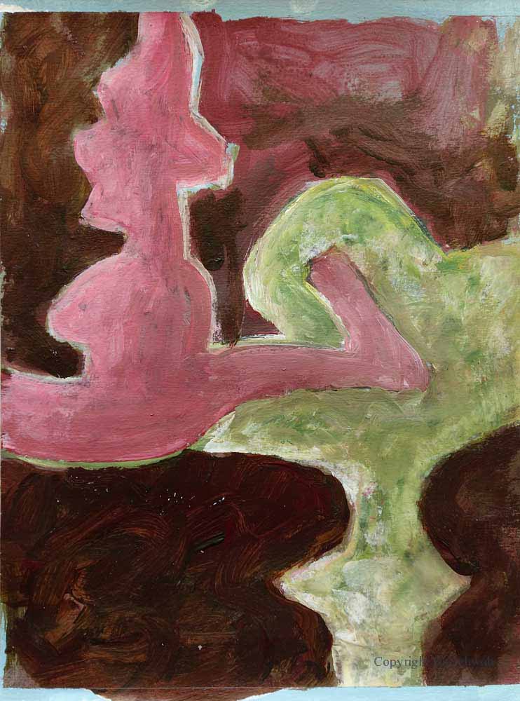 Abstract painting with textured pink and green shapes against a dark brown brush textured background.