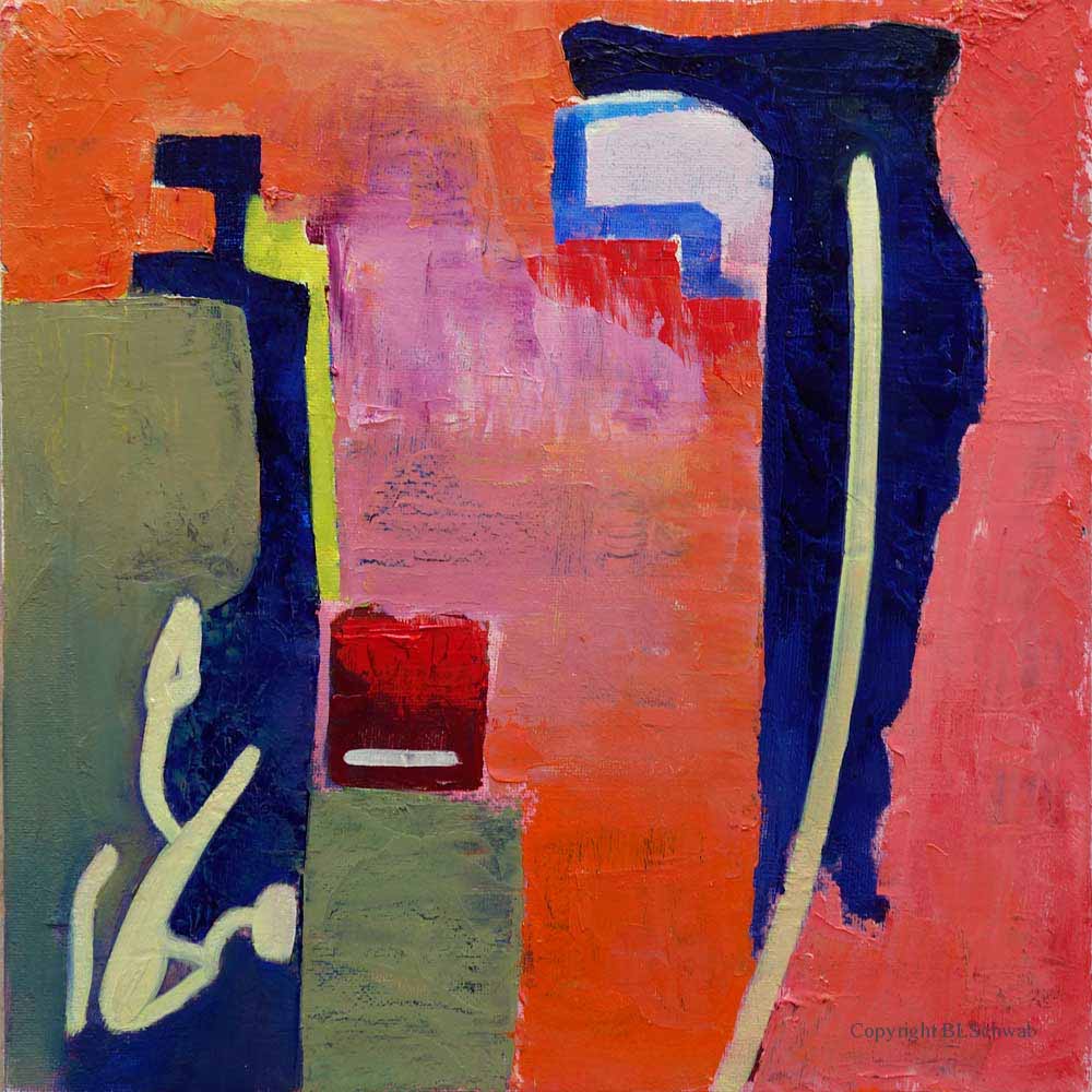 An abstract painting featuring orange, dark blue and green geometric shapes with some pale yellow fluid lines creating movement and depth.