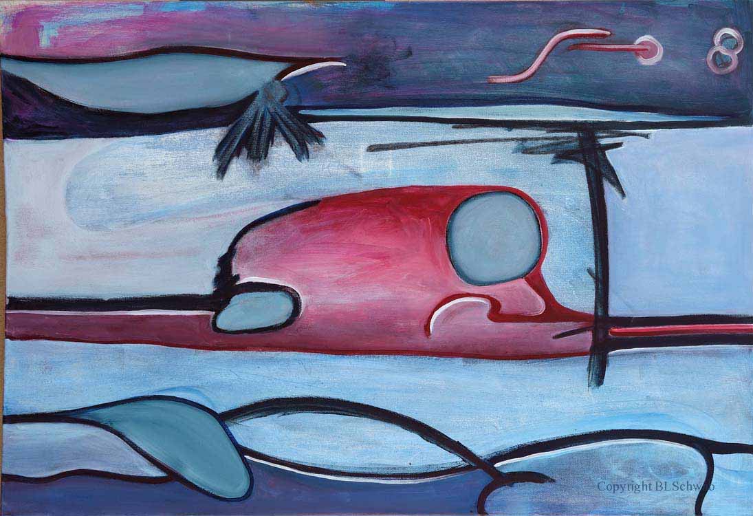 A stylised landscape painting with a red island set against a pale blue sea, with swirling shapes in the foreground representing waves and the swirling shapes at the top representing turbulent storm clouds