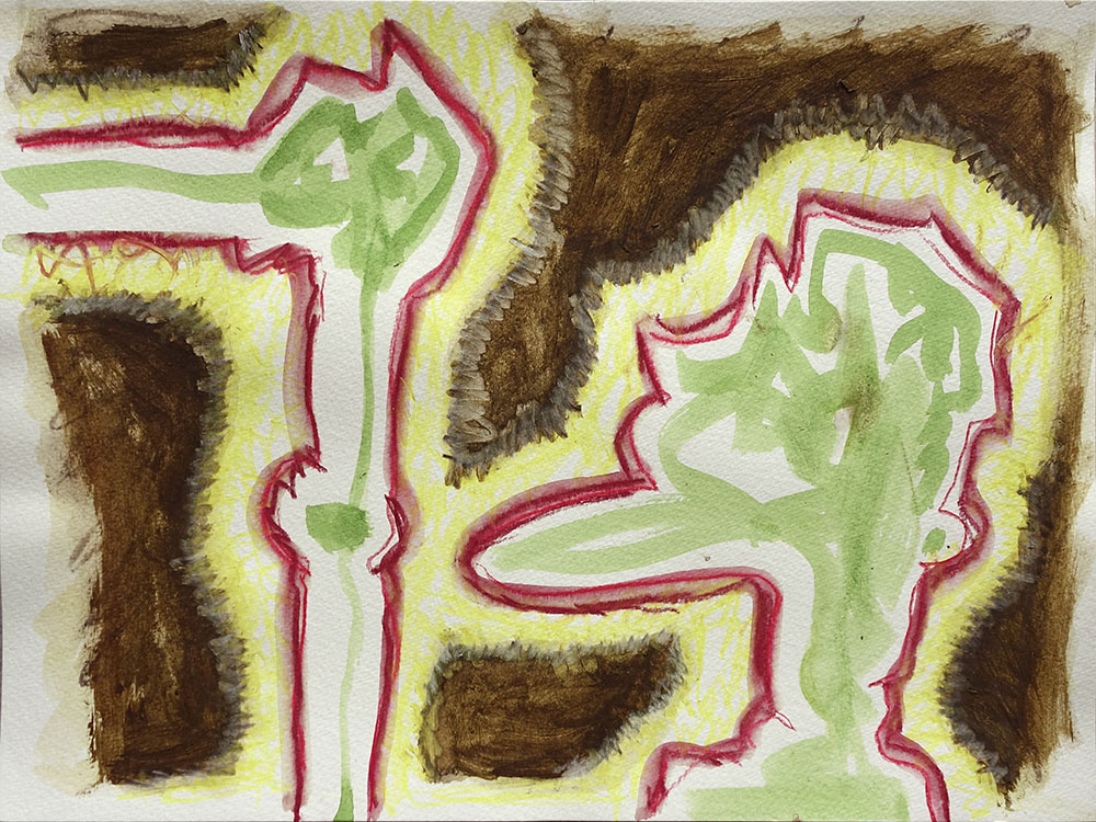 An abstract painting with vibrant watercolour green shapes outlined with brushed red and pale yellow. surrounded with opaque textured brown The distorted shapes and outlines create an imaginative scene.