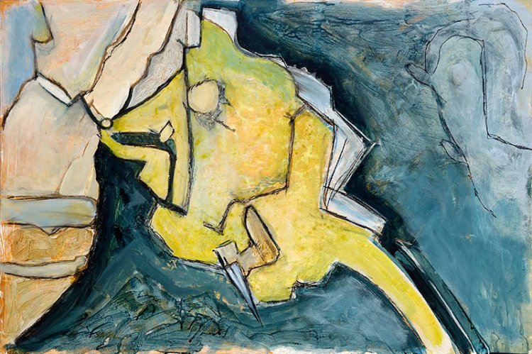 An abstract painting with bold yellowish angular shapes outlined in thin black lines on a textured blue/grey background.