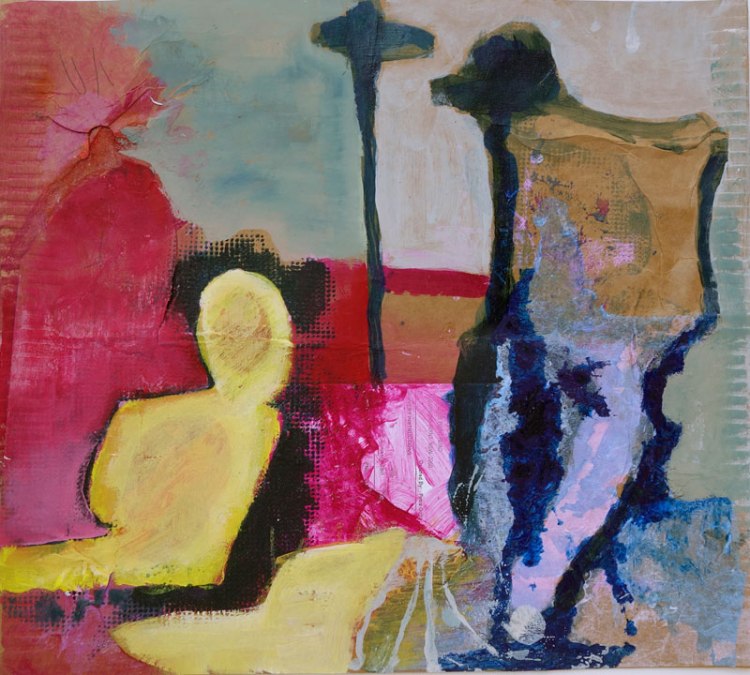A painting featuring abstract shapes bold colours including yellow, pink, ochre and blue there are suggestions of human and landscape-like shapes and forms.