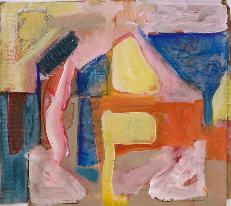 Abstract painting with bold shapes in colours such as yellow, orange and blue, on a pink background The composition includes geometric and organic shapes, creating a sense of movement.