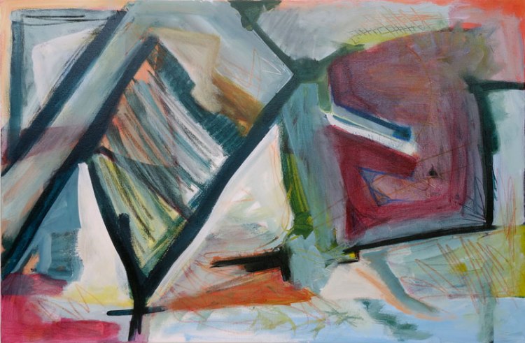 An abstract painting using light and dark green-grey textured shapes with some highlights of orange and red, with a mix of lines and textures creating a dynamic composition.