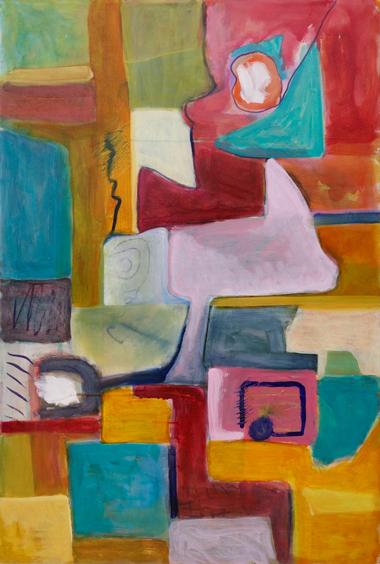 An abstract painting using a mix of irregular geometric shapes in vibrant colours, including pinks, reds, oranges, yellows, and teal greens, arranged in an irregular geometric layout.