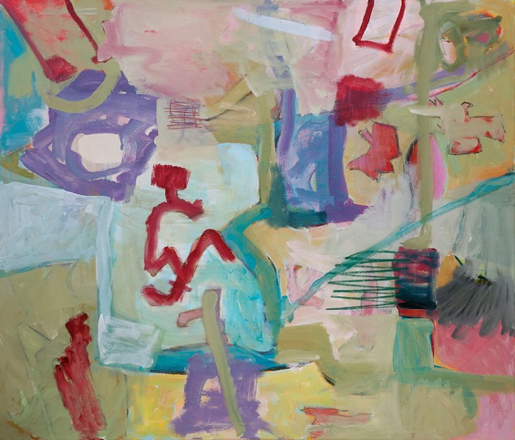 An abstract painting featuring a variety of textures, shapes and colours, with prominent red marks and a complex layering of soft hues.
