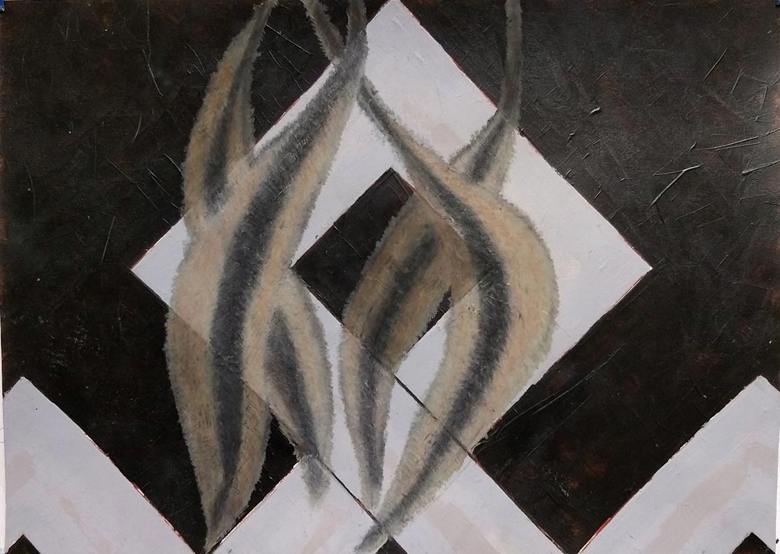 leaves drawn over B&W geometric painting 30x40cm - warm version