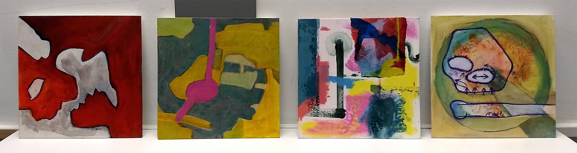 four 30x30cm paintings acrylic on canvas board