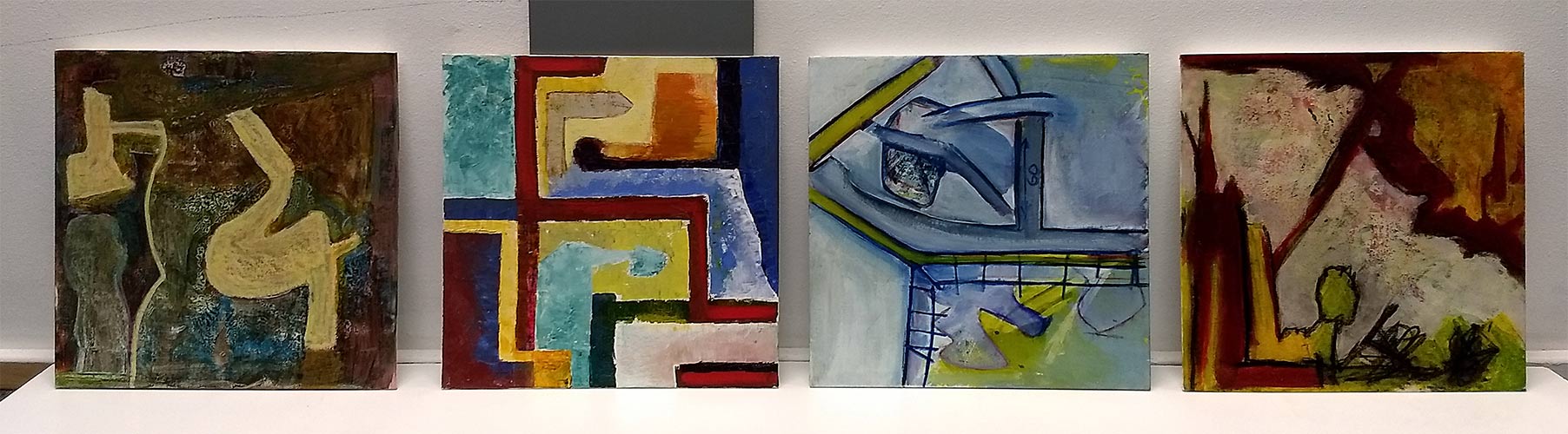 four 30x30cm paintings acrylic on canvas board