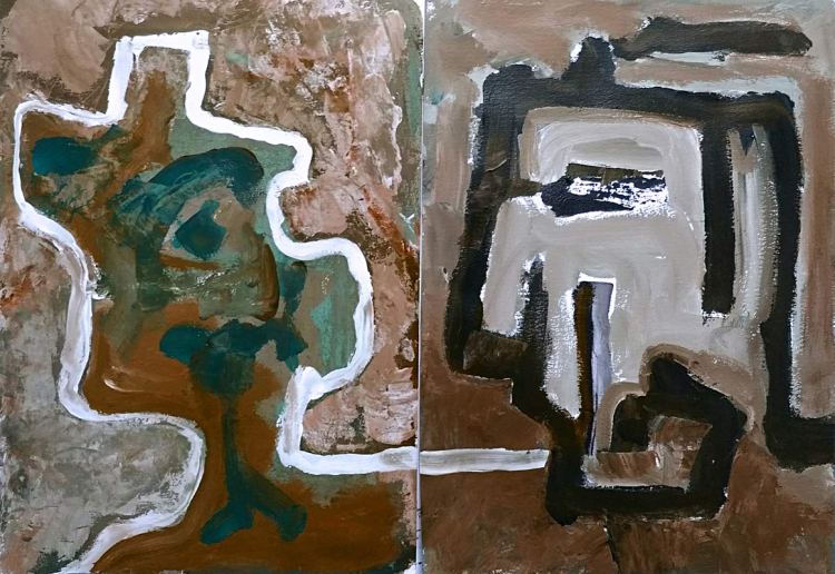 2 abstract heads facing, MA assessment warm/cool colours