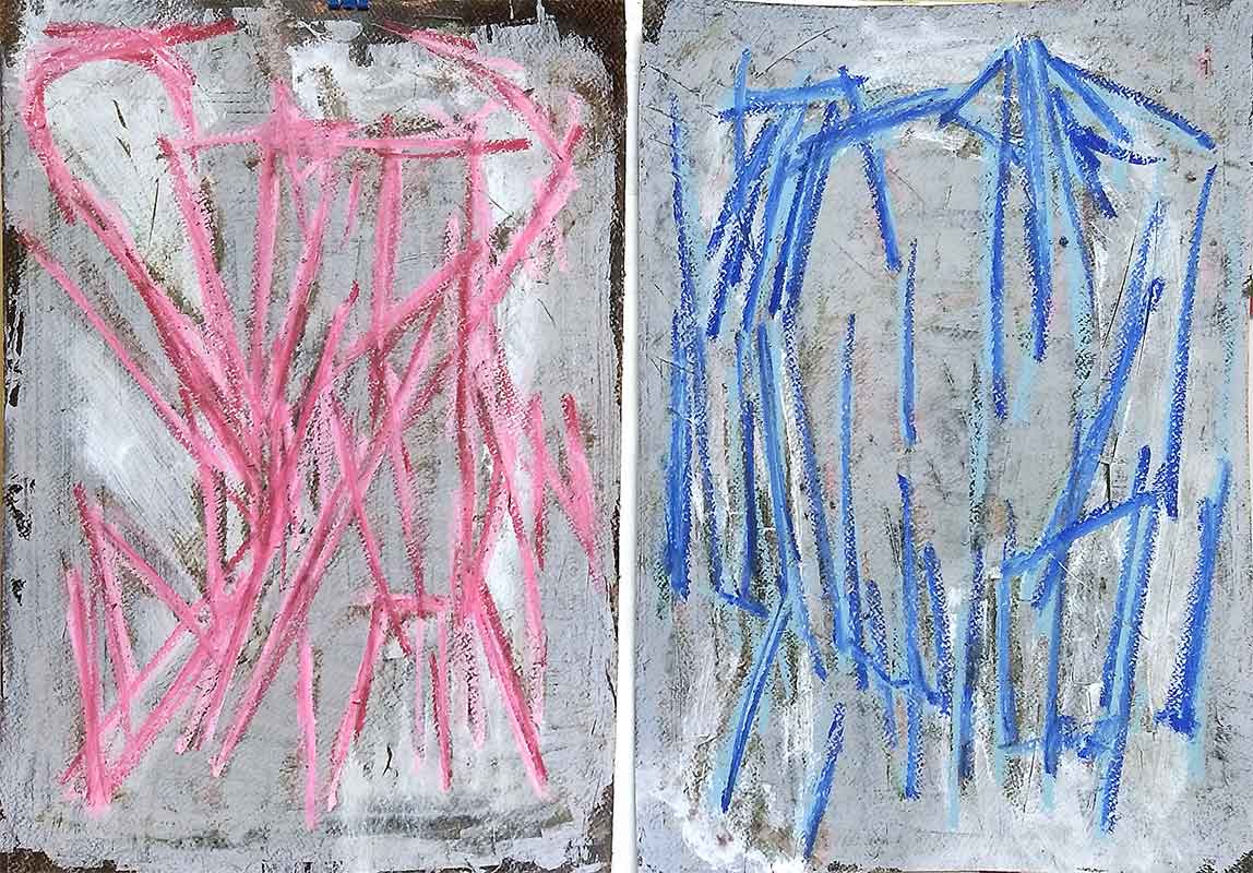 random marks in oil pastel on bitumen coated with gesso