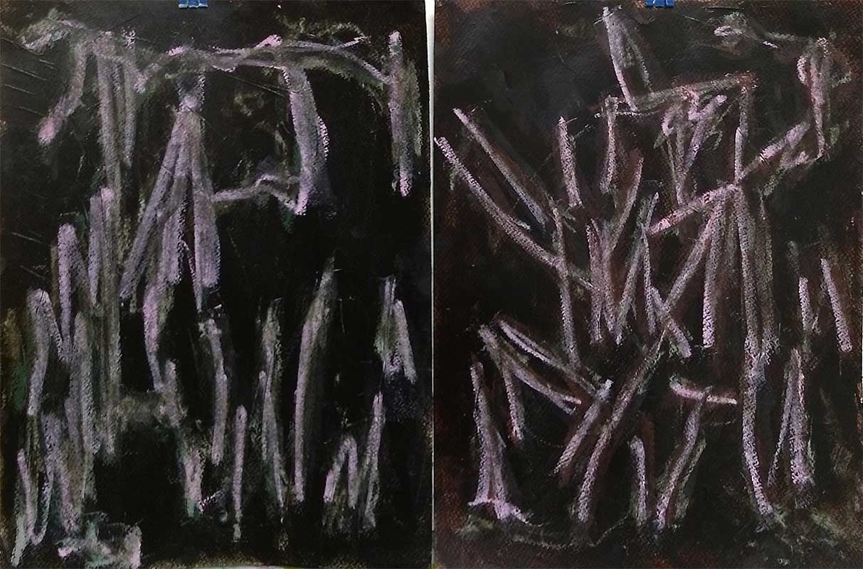 random marks in oil pastel on bitumen