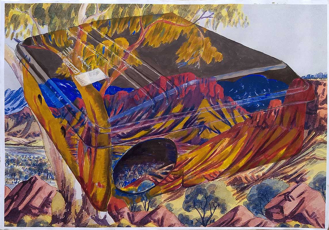 a black plastic rat bait box painted in a transparent opalescent style over an Albert Namatjira painting