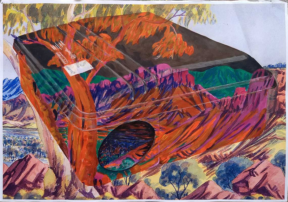 a black plastic rat bait box painted in a transparent opalescent style over an Albert Namatjira painting