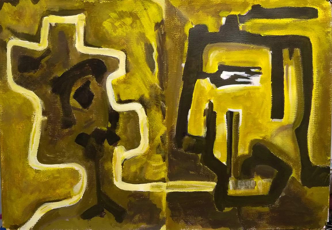 2 abstract heads facing in, MA assessment warm cool colours