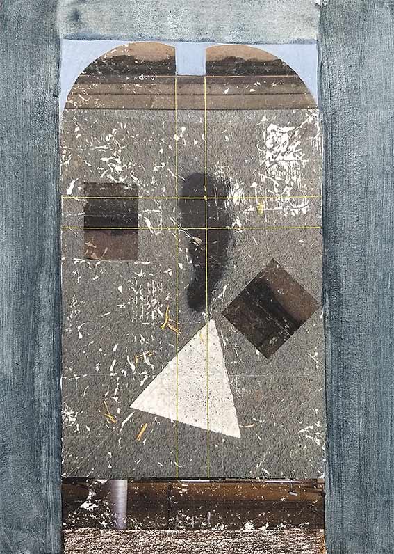 collage with photographic images of road, then framed in translucent acrylic paint