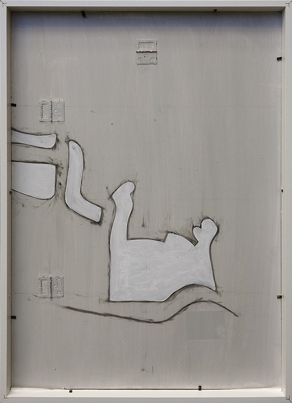 An abstract artwork featuring irregular white shapes outlined in black on a grey background, showing the 3 metal hanging items and the flat black staples commonly used on cheap frames.