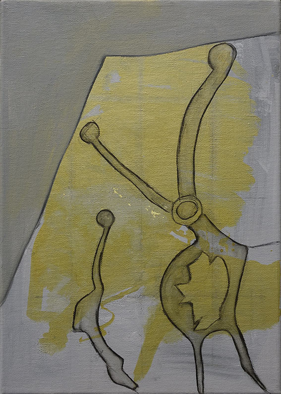 Abstract painting featuring organic shapes with distinct outlines on brush textured yellow/gold over grey tones, partially enclosed in a darker grey shape.