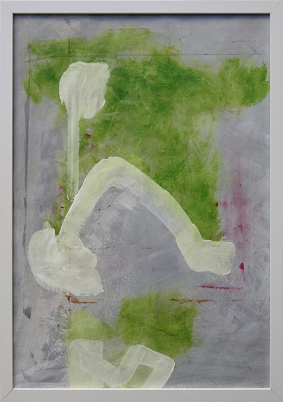 An abstract painting with 3 pale white shapes, set on a textured grey background with vibrant green hues and smudges of red.