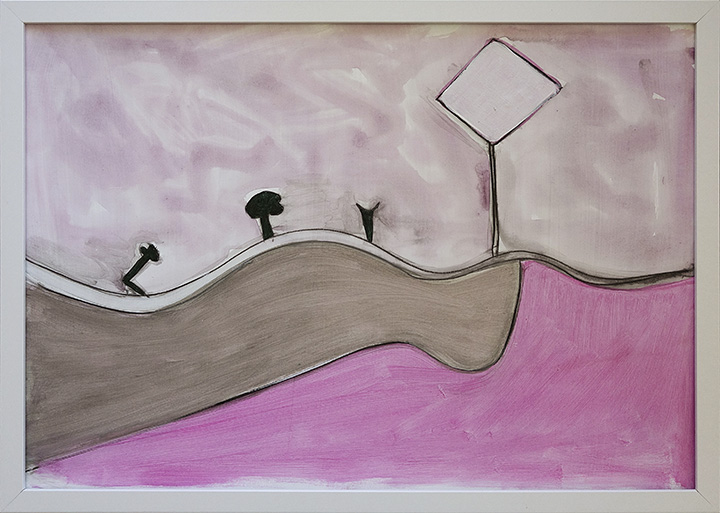 Abstract landscape painting with a wavy hill line on a washy pink and grey background, with two small black trees and a triangular road sign.