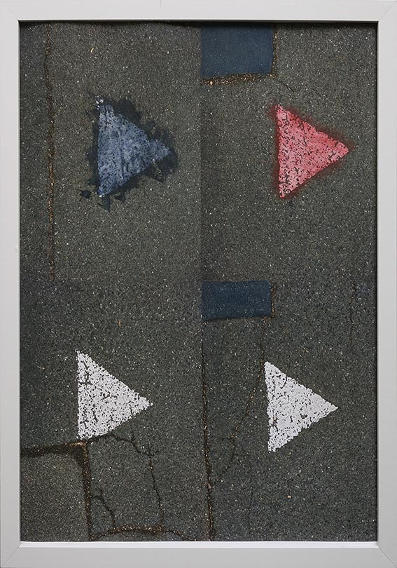 photos of 4 road white painted triangles with translucent acrylic paint on 2 of them