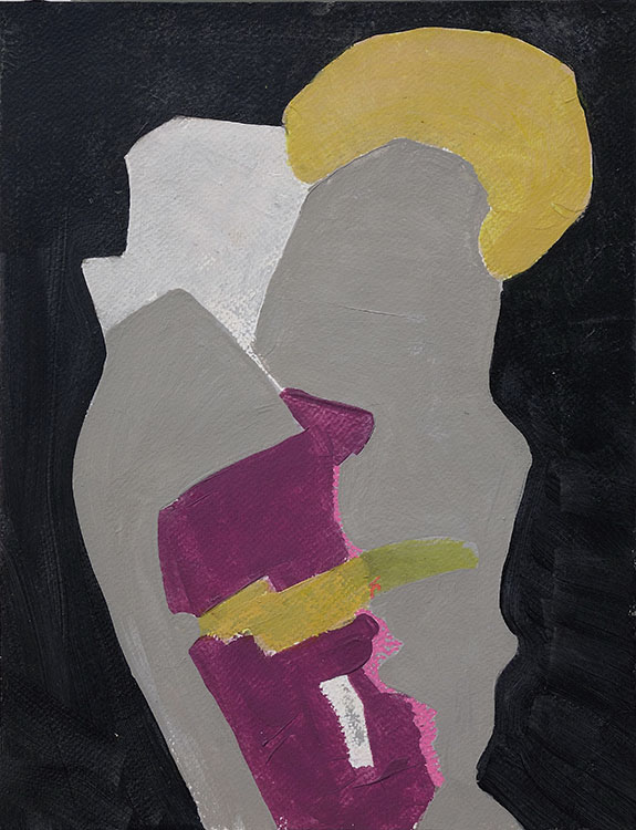 Abstract painting that looks like 2 grey figures with white and yellow hair holding a magenta abstract shape, on a black background.
