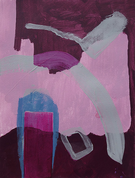 An abstract painting using irregular bold geometric and overlapping shapes in shades of pink, grey, purple, and blue on a textured burgundy background.