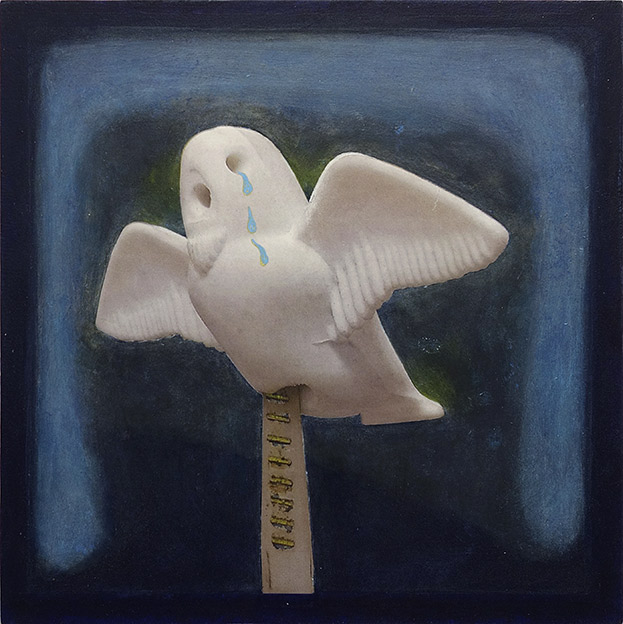 photo of found small plastic white bird on plastic stick, with background painted