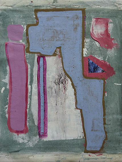 Abstract painting using ruff geometric shapes in blue, pink set against a textured dull green and white background.