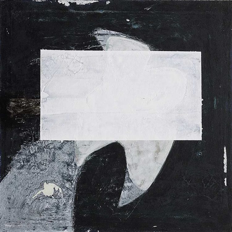 This small painting has a central white rectangle with ghostly shapes sitting on textured black and grey background, producing a dynamic composition.