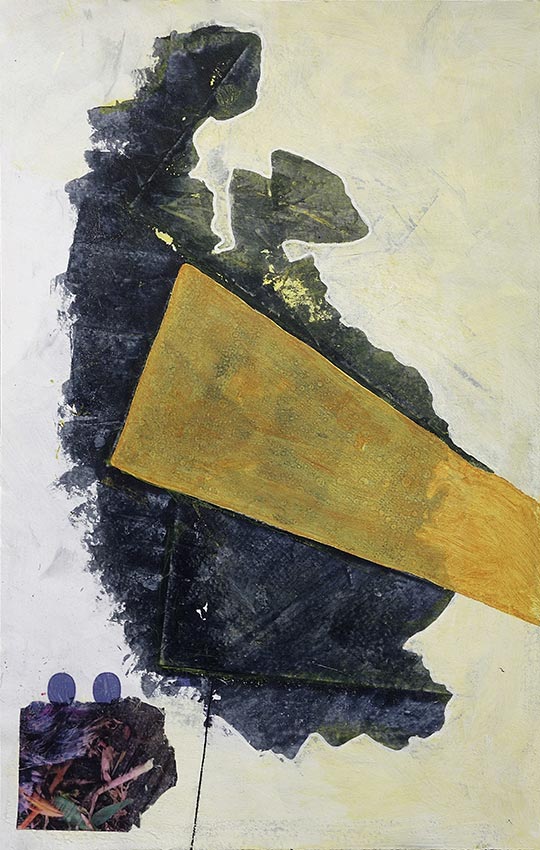 Abstract artwork featuring a large triangular translucent yellow shape overlapping a large abstract textured organic dark grey shape, set against a light yellow background, in the lower left is a small rectangular collage of foliage at the bottom.