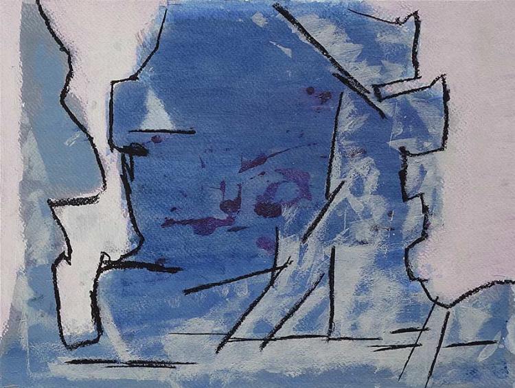 An abstract painting featuring shades of blue with random black lines and textured brush strokes, set against a light pink background.