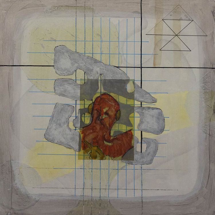 Artwork featuring several grey organic forms, on top of blue and black grid lines which in turn are drawn over pale past paintings. On top of all this is the back view of the bust of a red figure, in a translucent rectangle.